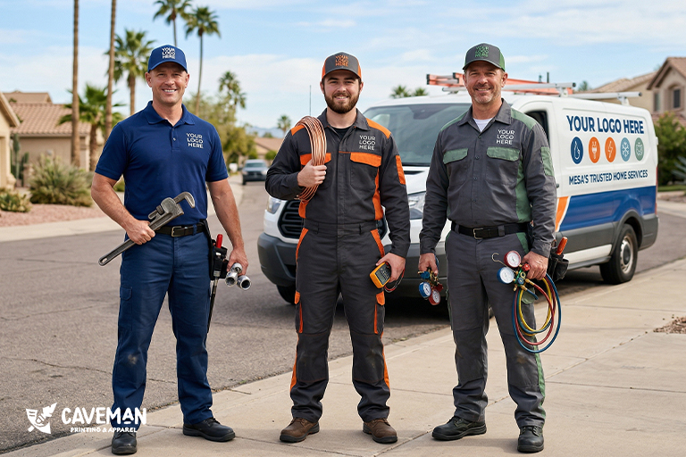 Trade service techs in branded Caveman uniforms next to a work van in Mesa, AZ